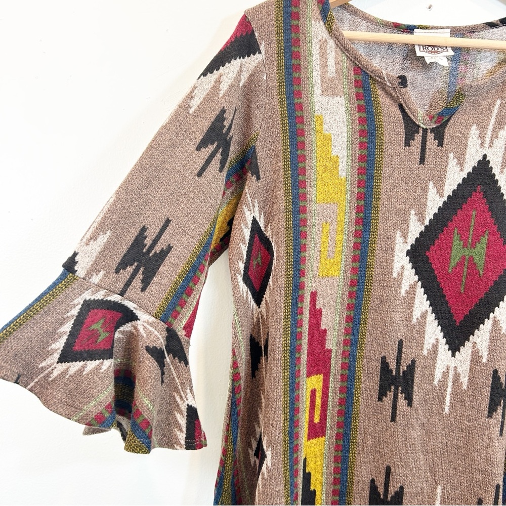 Rods Women's Brown Aztec Tunic Size Large Ruffle Sleeves Western Boho Hippie Top